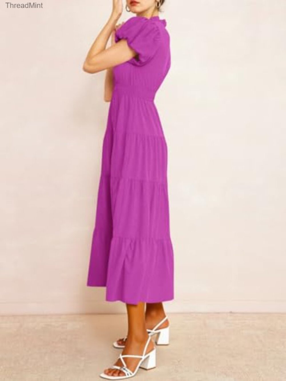 Summer Midi Dress Puff Sleeves V-Neck Tiered A-Line Formal Slim Fit - Picture 4 of 7